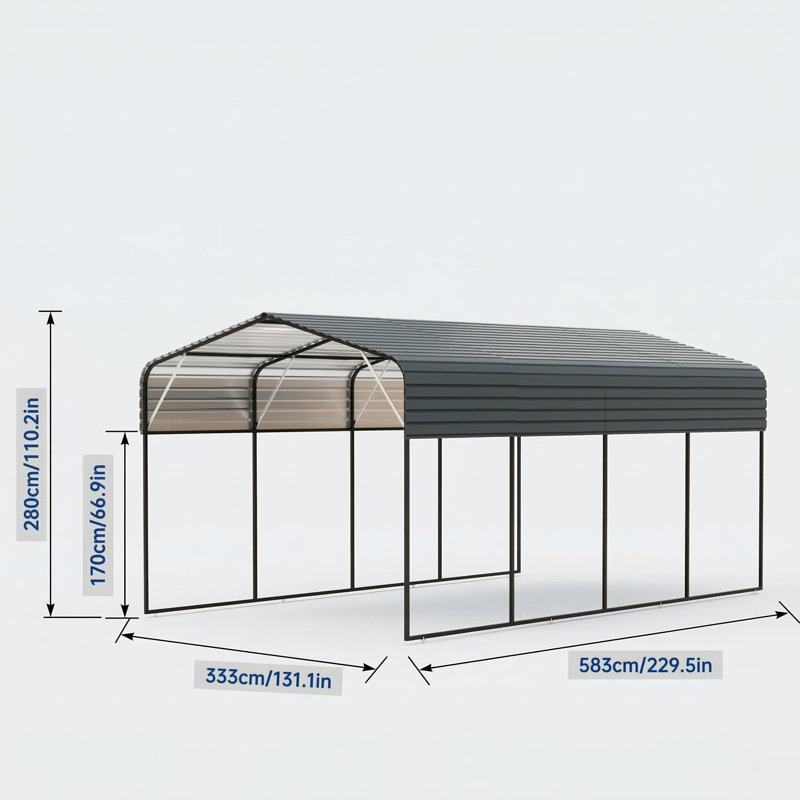 Metal Carport with Dimensions of 11 by 19 Feet, Heavy-Duty Design Featuring a Galvanized Steel Roof and a Black Finished Frame