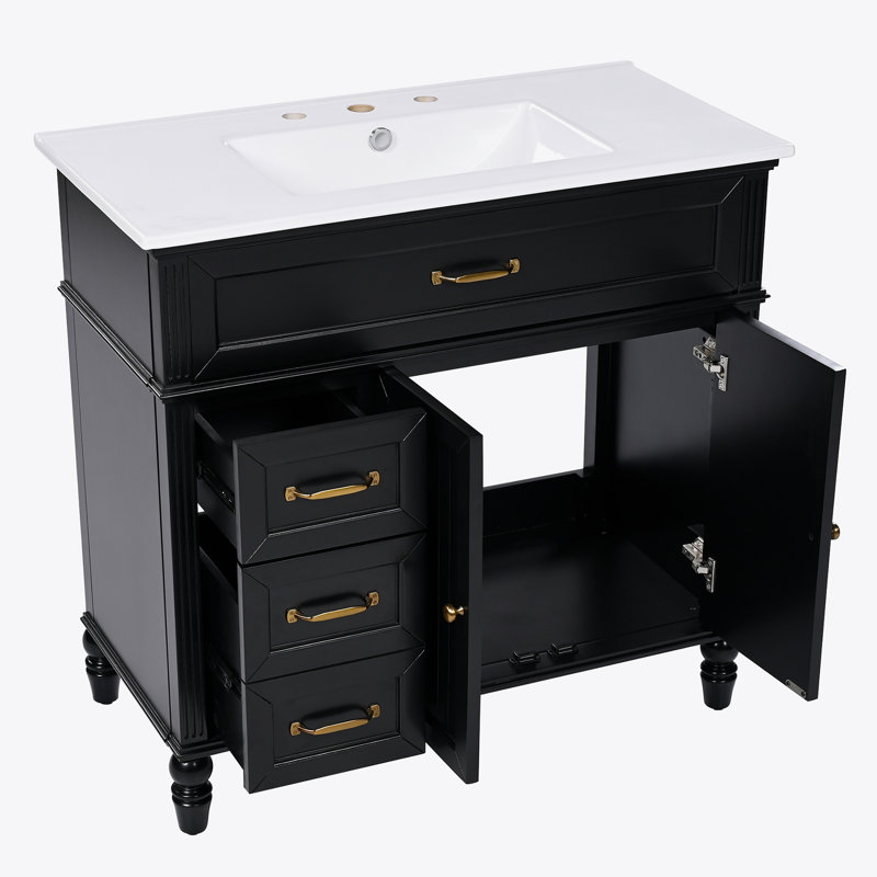 Meuble-lavabo 36 po avec lavabo, armoire de salle de bain noire avec tiroirs, cadre solide et panneau de fibres à densité moyenne, un paquet
