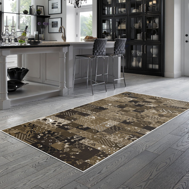 Tapis cachemire brun Elverda, Rectangle 2 pi 7 po x 4 pi 11 po