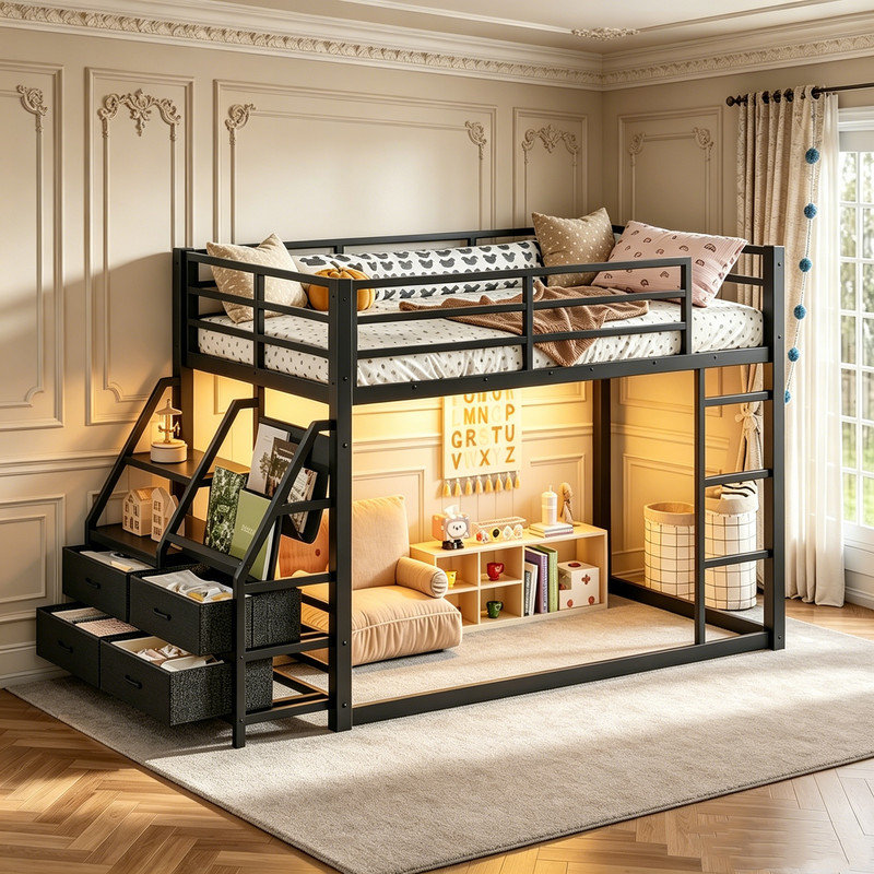 Lit superposé simple en métal noir avec lumières DEL, tablettes de rangement et tiroirs, aucun sommier requis, Noir