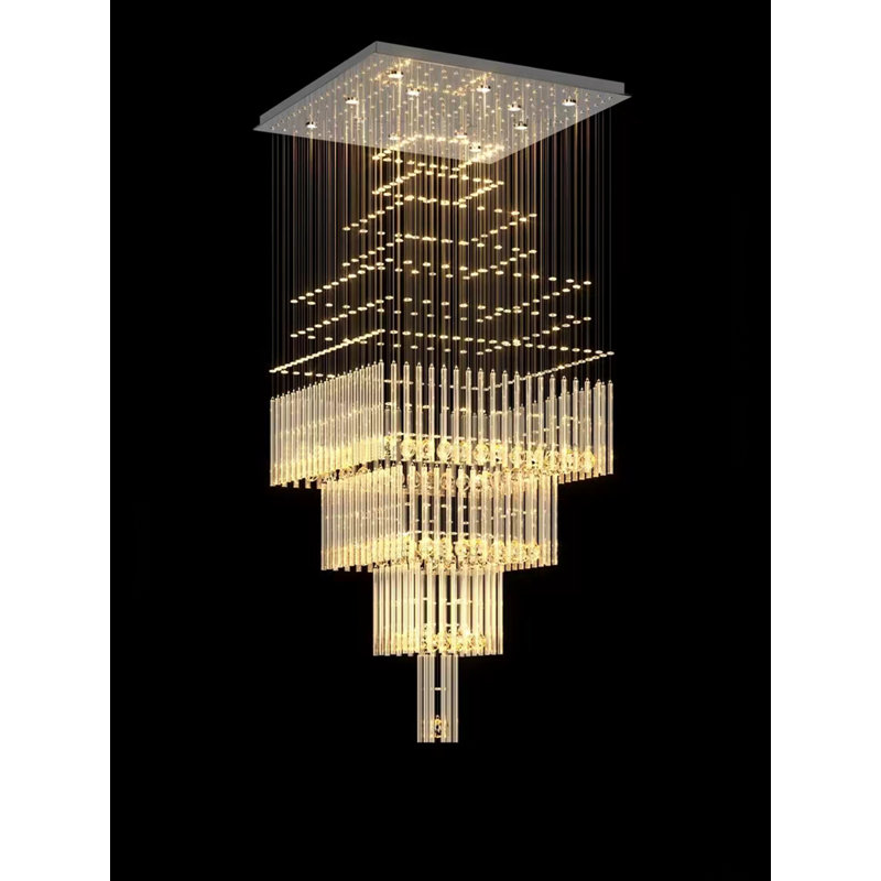 Lustre carré en cristal à DEL 4 niveaux pour plafonds hauts Chaimar 32 po x 79 po