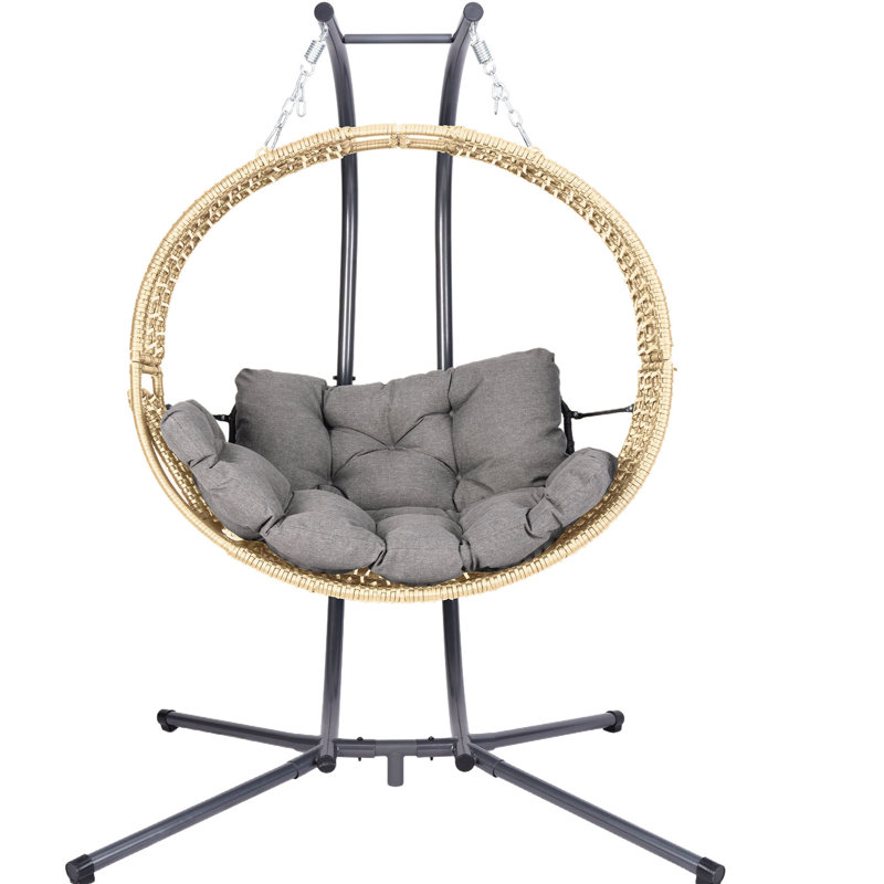 Fauteuil à deux places pour l'extérieur avec support, balancelle, accoudoir détachable pour une position inclinée confortable, coussin toutes saisons, structure robuste de 700 lb, support sérénité gris et jaune