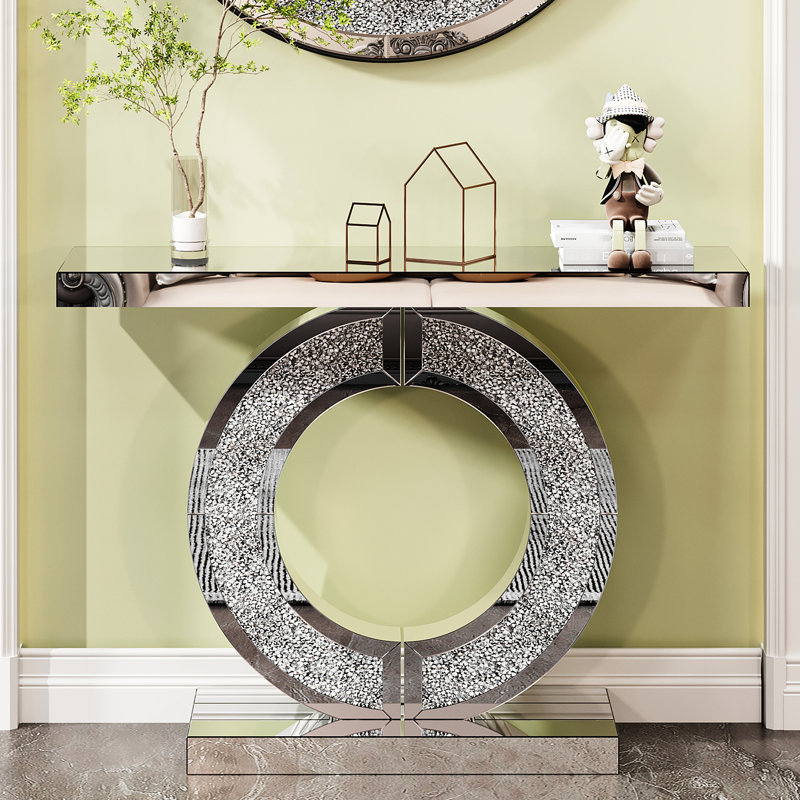 Console moderne en forme de O, objets artisanaux en cristal pour chambre à coucher, miroir argenté, double base, bords polis à la main, finition brillante, montage facile, profondeur 106 cm, largeur 30 cm, hauteur 81 cm, poids 17 kg