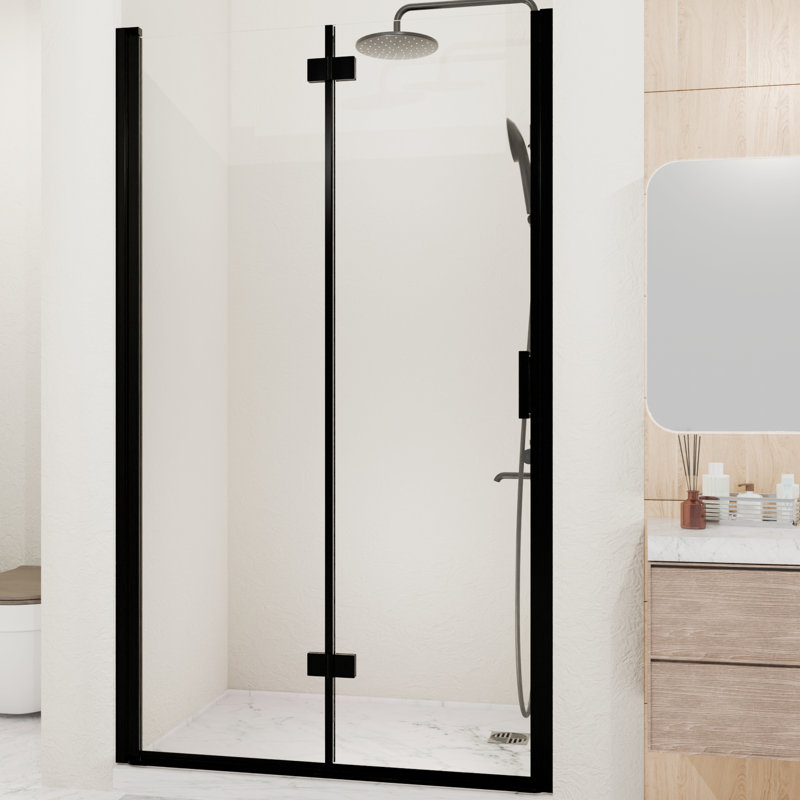Porte de douche 34 "72" semi-pivotante avec verre trempé 1/4 ", noir mat, fixation murale et fuites dans la salle de bain, installation réversible