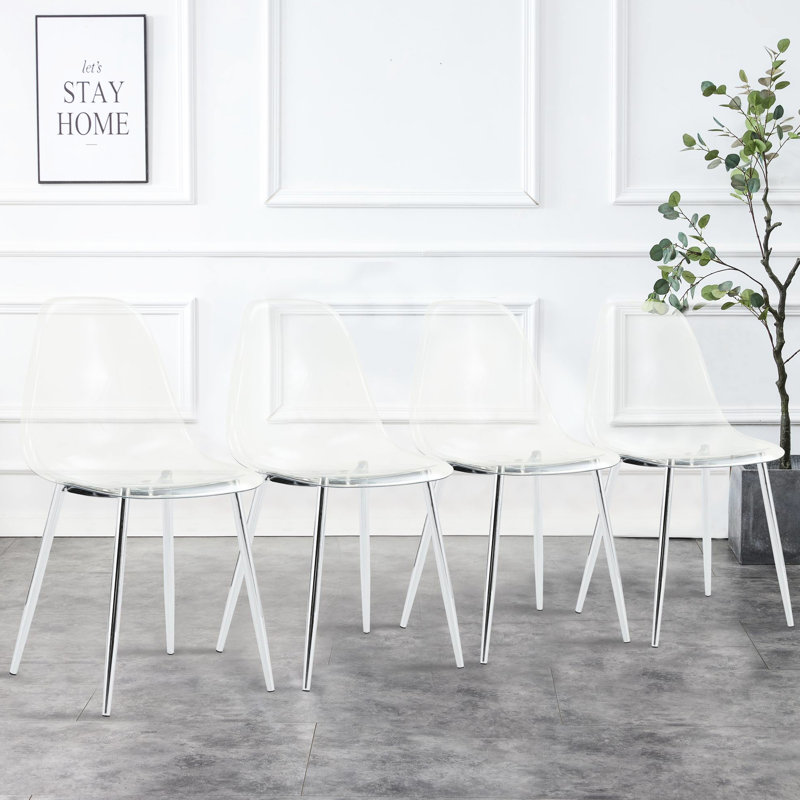 Ensemble de 4 chaises de salle à manger modernes sans accoudoirs en plastique transparent avec pieds en métal, idéales pour les décors de style nordique, les tabourets de maquillage et les espaces de marchandage