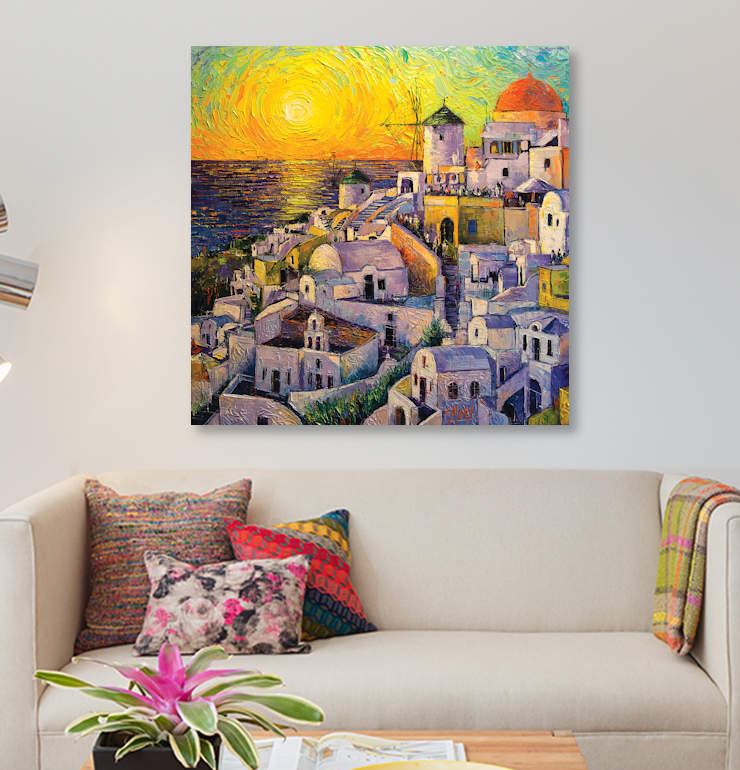 « coucher de soleil dans santorini », reproduction sur toile, H 18 po x l 18 po x P 1,5 po, Toile tendue, Pas de tapis
