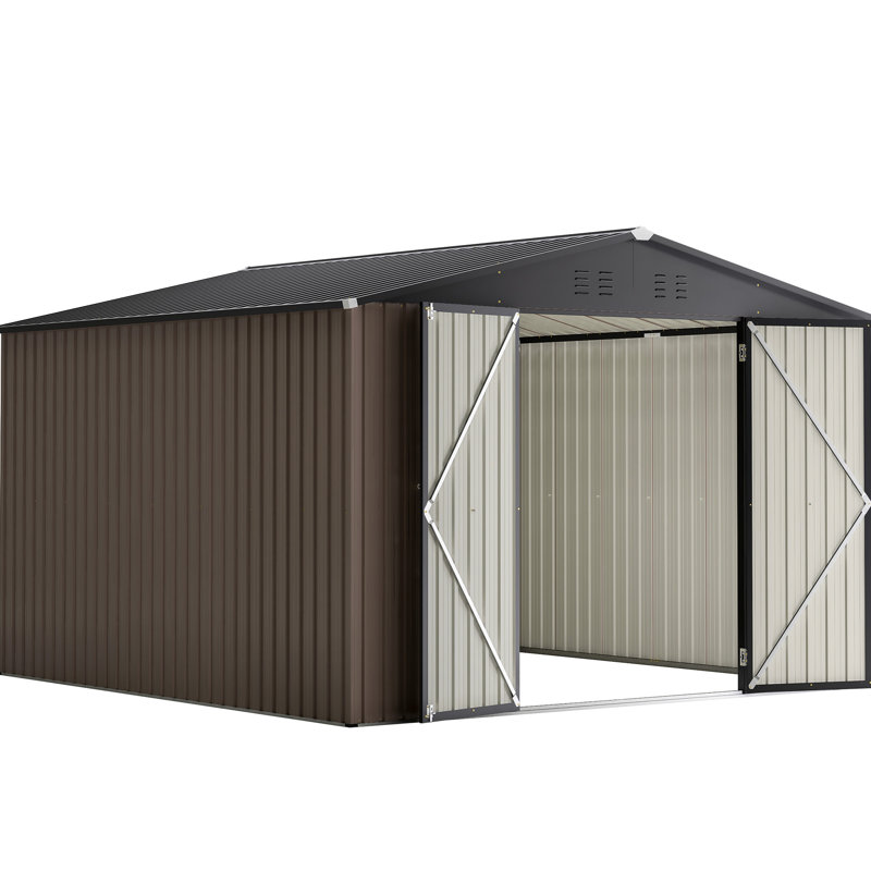 Brown Metal Storage Shed 10' X 10', With Lockable Door & Ventilation For Backyard Patio Garden Vents, Garden, Backyard,