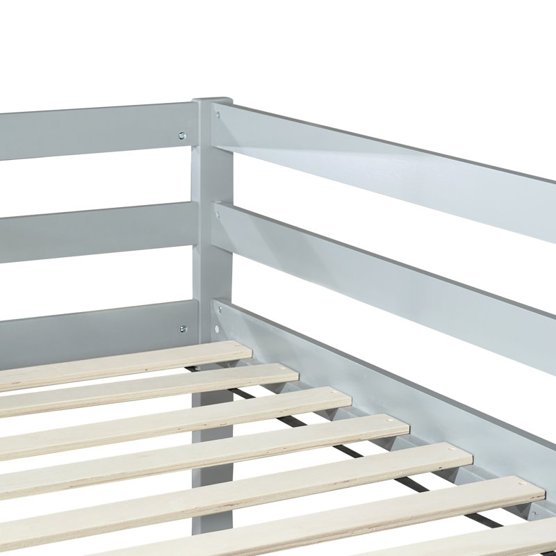 Twin Loft Bed, Grey Color. Solid Rubber Wood Made. Included. Strengthened Slat Bed Platform For Long-Term Use. Under Storage . Low Height With , Grey. Build. Support. Ample Storage.