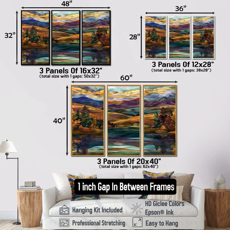 «Mountain Lake Faded Autumn Colors», ensemble d'art mural abstrait, Cadre flottant doré, H 32 po x l 48 po x P 1 po