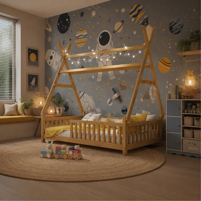 Lit simple simple avec lumière, lit surélevé avec clôture et toit pour enfants, garçons, filles, naturel
