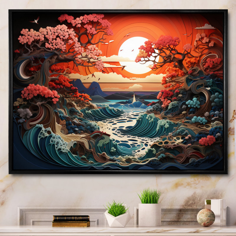 Papercut Peach Sunrise Eernal Renewal, Cadre flottant noir, H 30 po x l 40 po x P 1,5 po