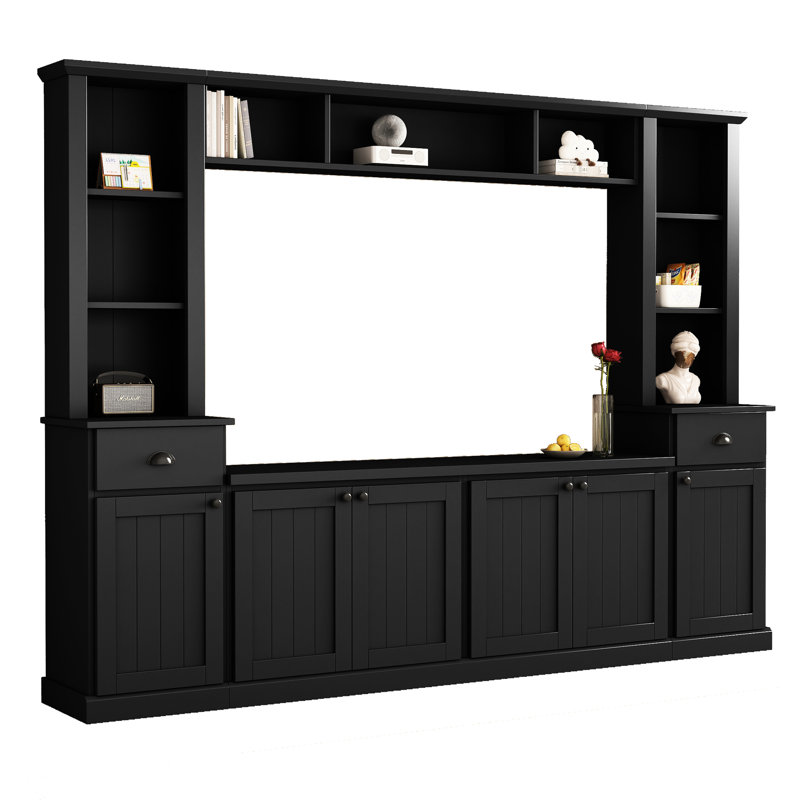 Meuble télé compatible avec téléviseur 75 pouces, noir, avec rangement polyvalent et tablettes réglables en hauteur, finition noire.