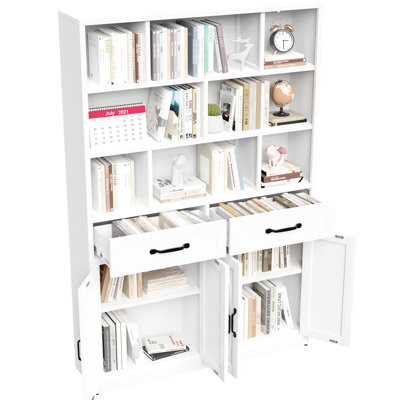 White Metal Bookcase With 2 Doors, Drawers And 3 Fixed Open Shelves For Home Office Or Bedroom, Safe 71-Inch Tall Drawers, Office, Living Room - Modern Storage Cabinet, & Safe, Easy Assembly