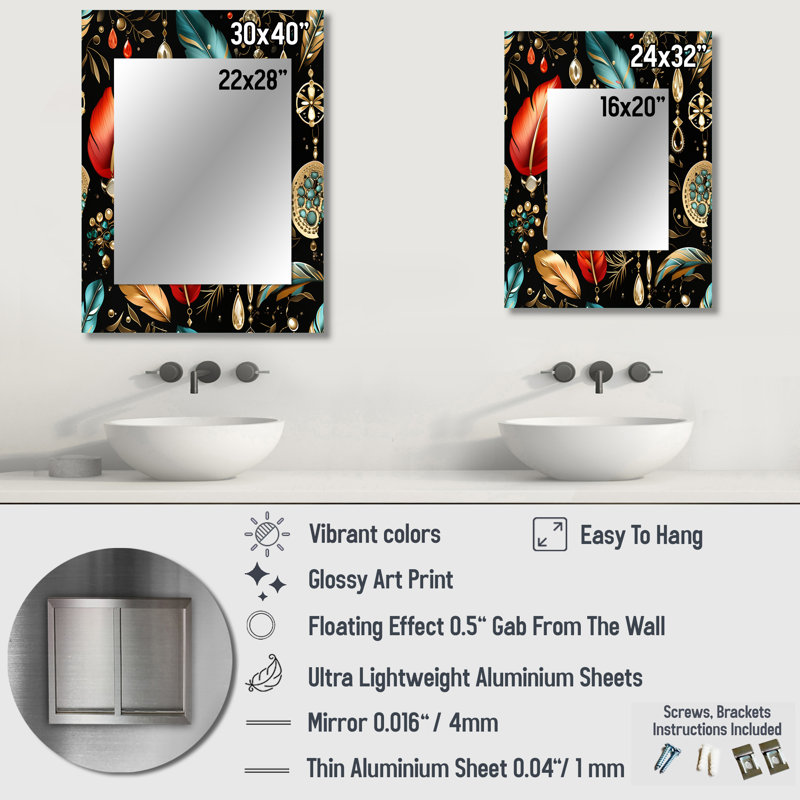 Danuel noir Jewerly Boho Chic - miroir boho unique, floral, grand miroir mural nature, art imprimé en métal, 40 po x 30 po