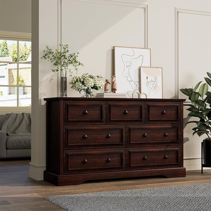 Farmhouse 7 Drawer Dresser For Bedroom, 54" Wide, Cherry