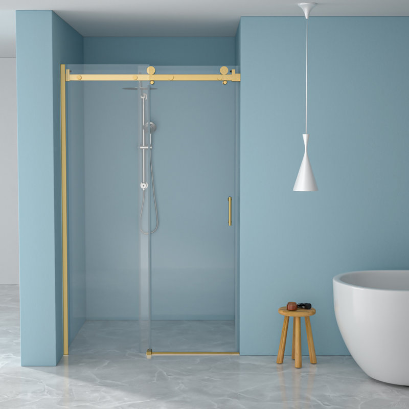 48"W X 76"H Single-Slide Shower Door - 8Mm Tempered Glass With 304 Stainless Steel Frame, Gold