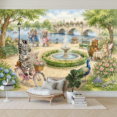 Papier peint adhésif mural fantaisiste éléphants zébrés, parc animalier, papier contact amovible pour salon, chambre à coucher H 100 po x l 144 po
