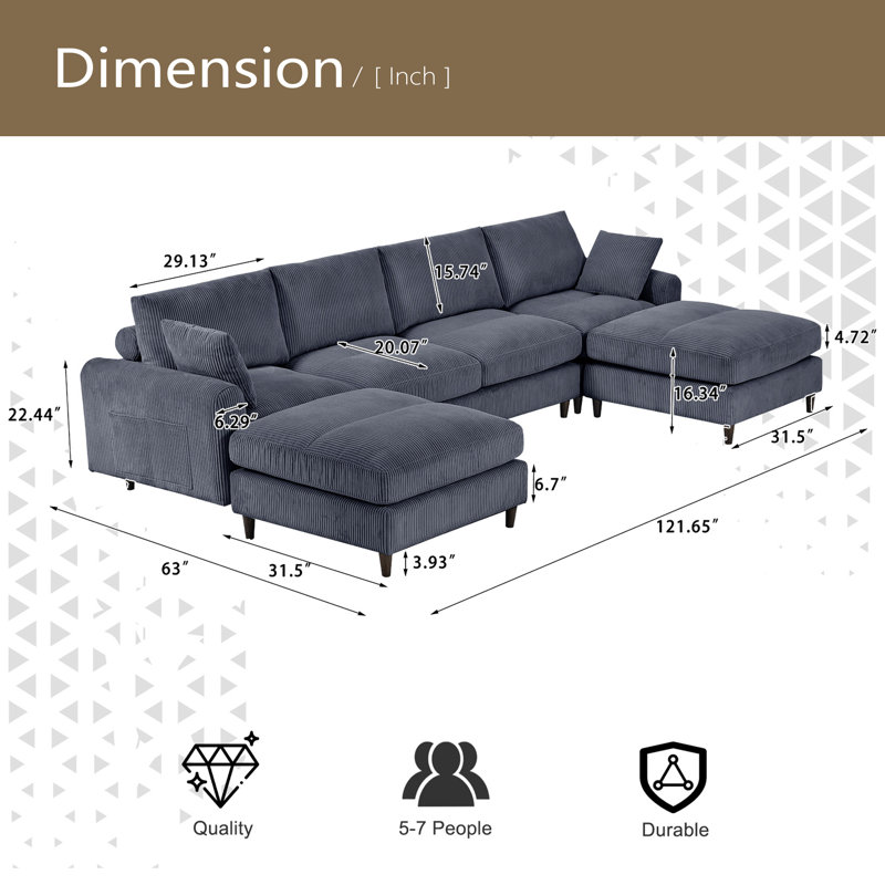 Modern Corduroy Modular Section Sofa, U-Shaped Convertible L-Shaped Sofa Set With Pillow, Oversized Sectional Sofa With Footstool