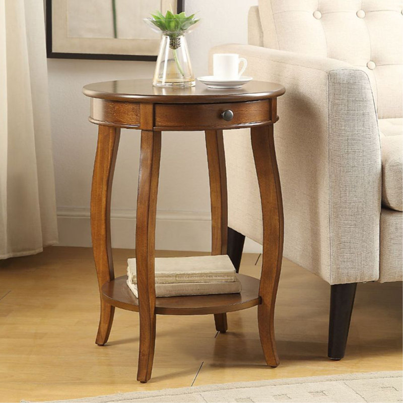 Table d'appoint ronde avec 1 tiroir et rangement ouvert, Noyer