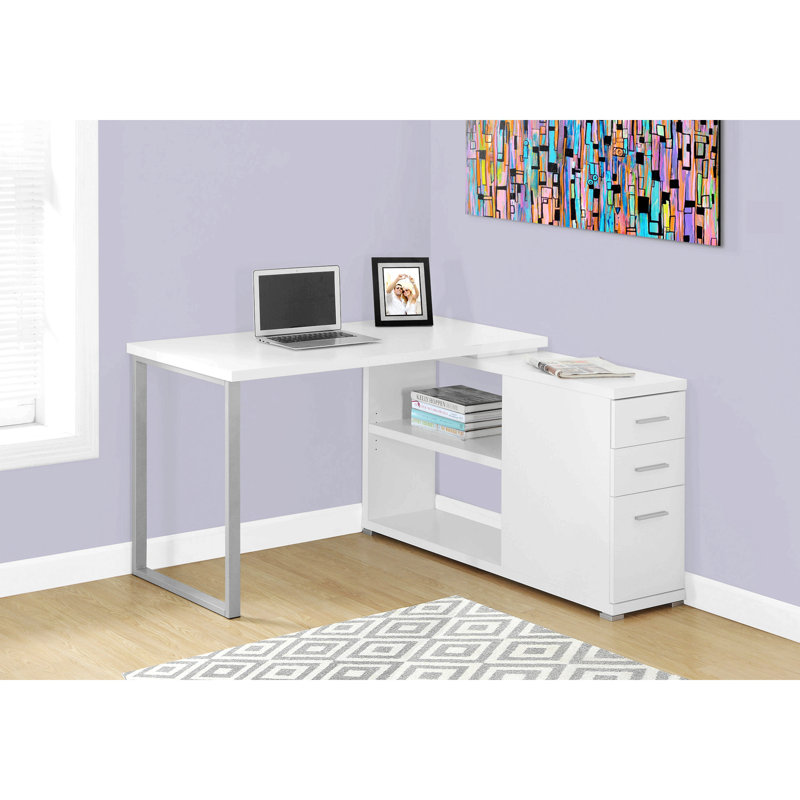 Leicester Computer Desk, Home Office, Corner, Storage Drawers, L Shape, Work, Laptop, Metal, White, Chrome