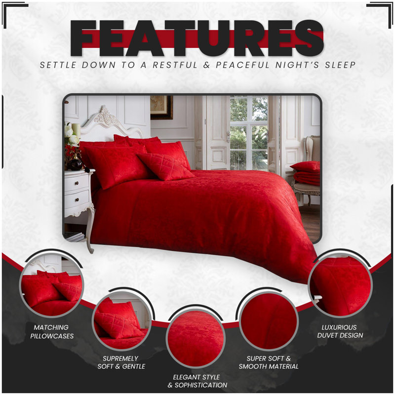 Cotton Blend Damask Duvet Cover with Pillowcases, Single - 1 Standard Pillowcase, Red