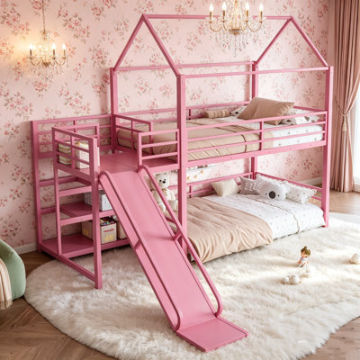 Twin Size Bunk Bed With Storage Stairs, Metal Bunk Beds With Slide And Rails, House Bunkbed For Bedrooms, Guest Rooms And Dorms, No Box Spring Needed And Noise-free Design ,black