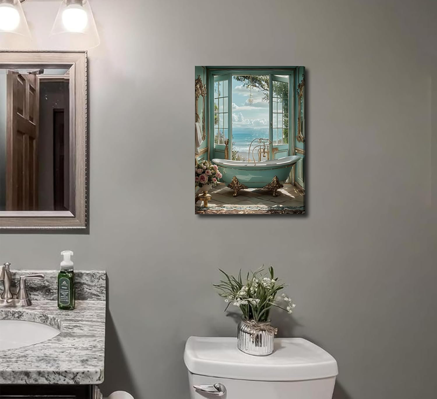 Dovecove Blue Ocean Theme Bathroom Canvas Wall Art Vintage Teal Bathtub  Picture Wall Decor Light Blue Beach Poster Coastal Windows Sea View  Painting Print Artwork For Bathroom Toilet Restroom Home Decoration |, image size:1500x1371