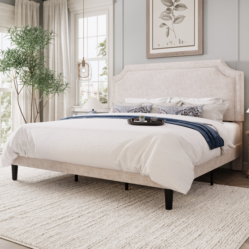 Structure de lit moderne tapissier avec tête de lit ajustable, Beige, Très grand lit