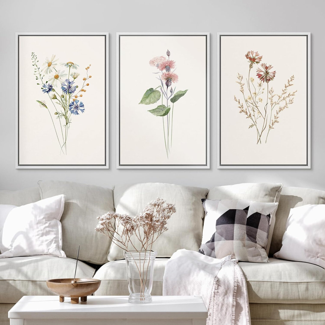 Pastel Wild Flower Daisies Variety Neutral Floral Botanical Framed Canvas 3 Pieces Print Wall Art IDEA4WALL Frame 