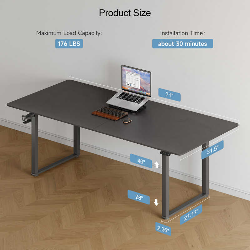 Dejanai Adjustable Metal Base Standing Desk with Power Outlet, Black, 46" H x 71" W x 31.5" D