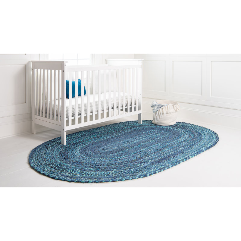 Tapis bleu en coton tressé à la main Panaca, Ovale 3 pi 3 po x 5 pi 1 po