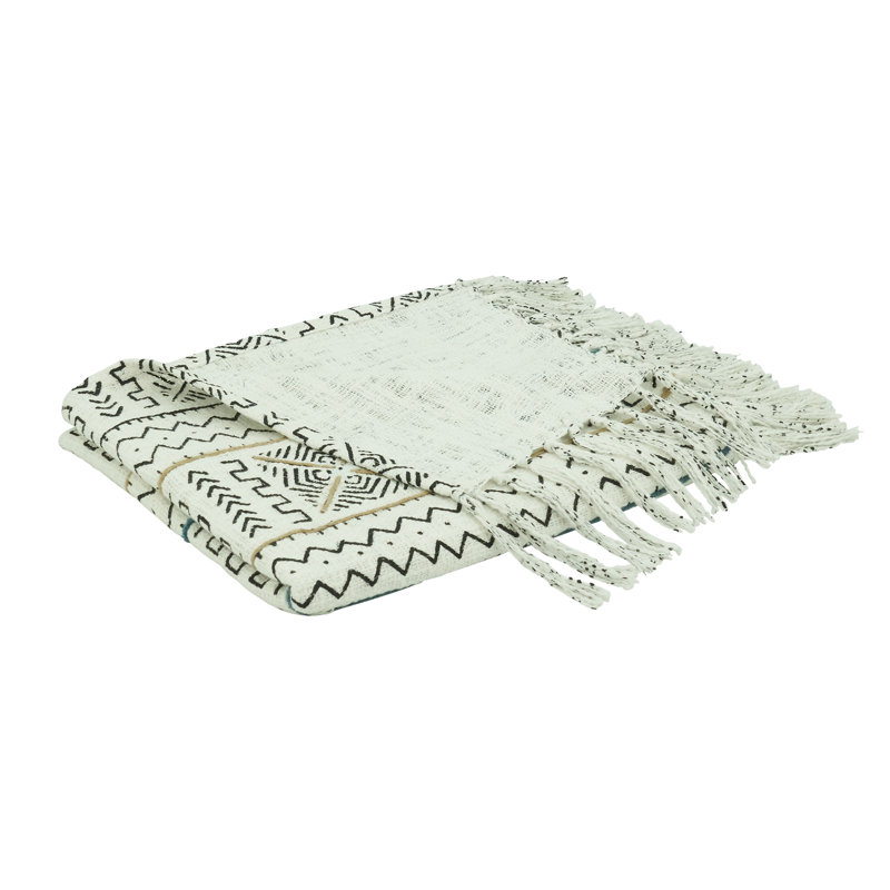 White Cotton Mudcloth Design Throw Blanket with Fringe