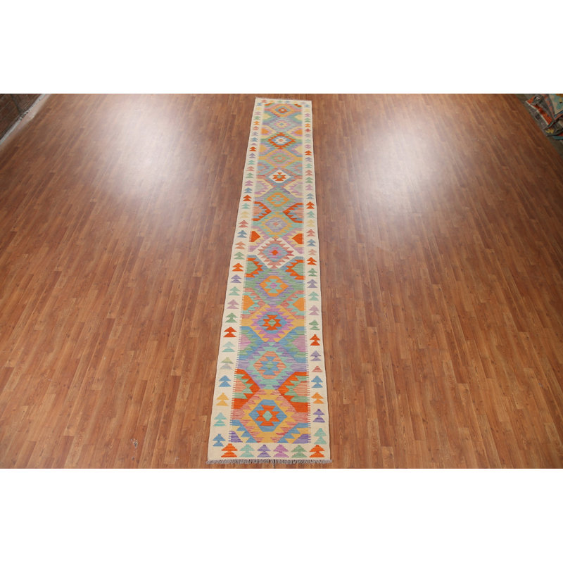 Tapis oriental multicolore en laine Kilim 3 x 17