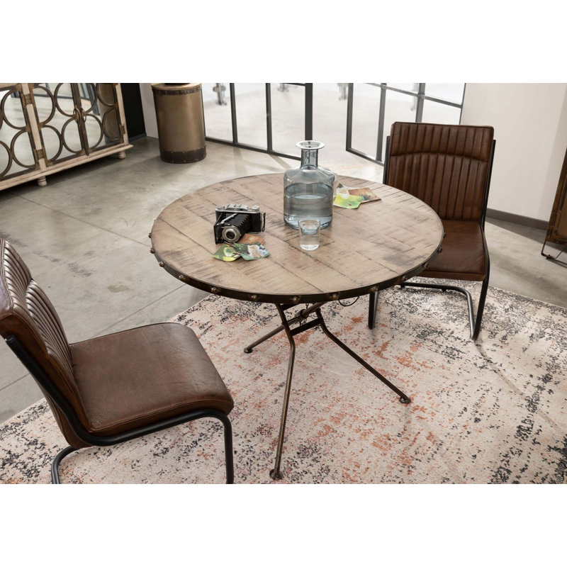 Heavy Industry Round Solid Wood Top Metal Base Dining Table, Brown