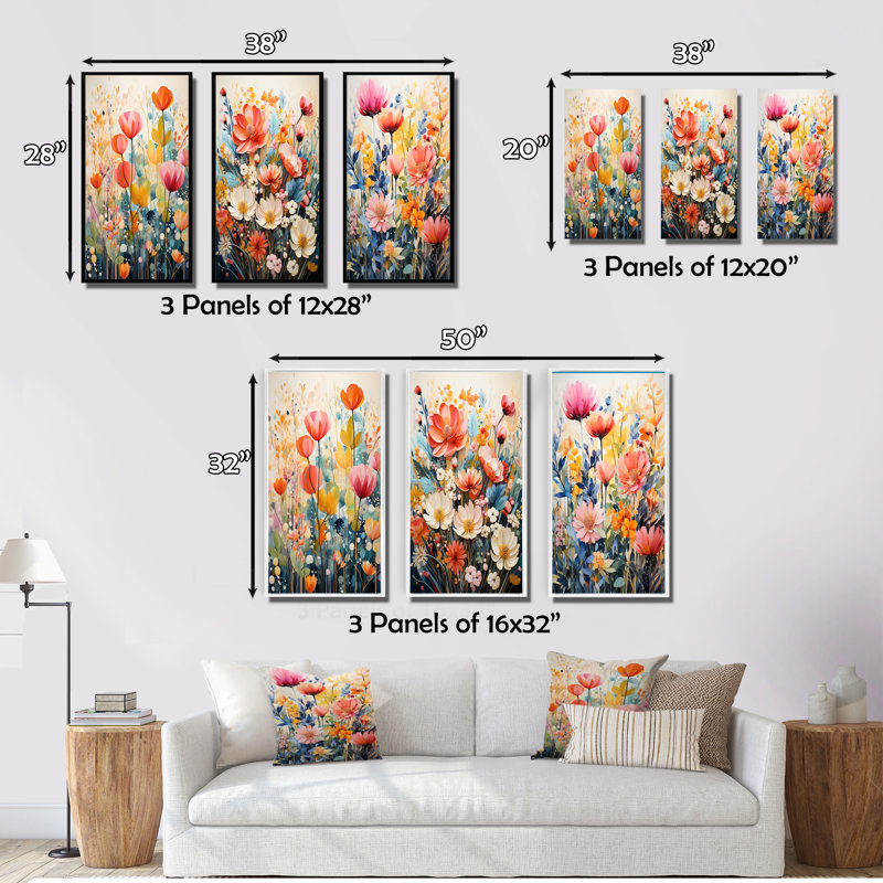 «Multicolored Flowers Collage III», 3 pièces sur toile, Toile tendue, H 20 po x l 36 po