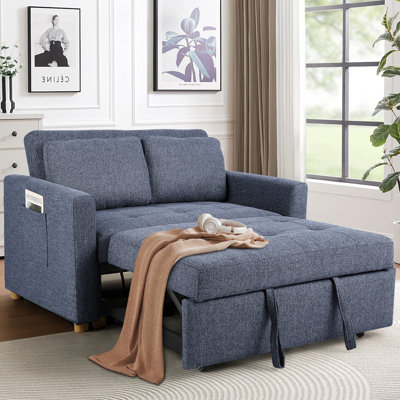 Ross 48.7"W Square Arm Linen Back Convertible Sleeper Sofa with Cushions, Adjustable Backrest for Small Spaces, Living Room