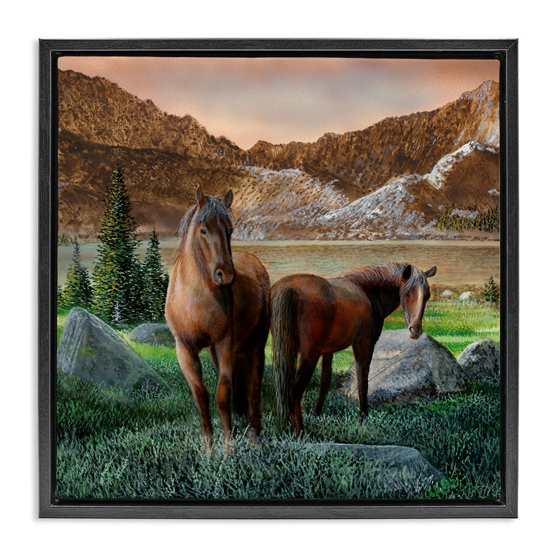 «Two Horses By Mountain», art mural encadré par Kevin Daniel, Cadre flottant noir de jais, H 18 po x l 18 po