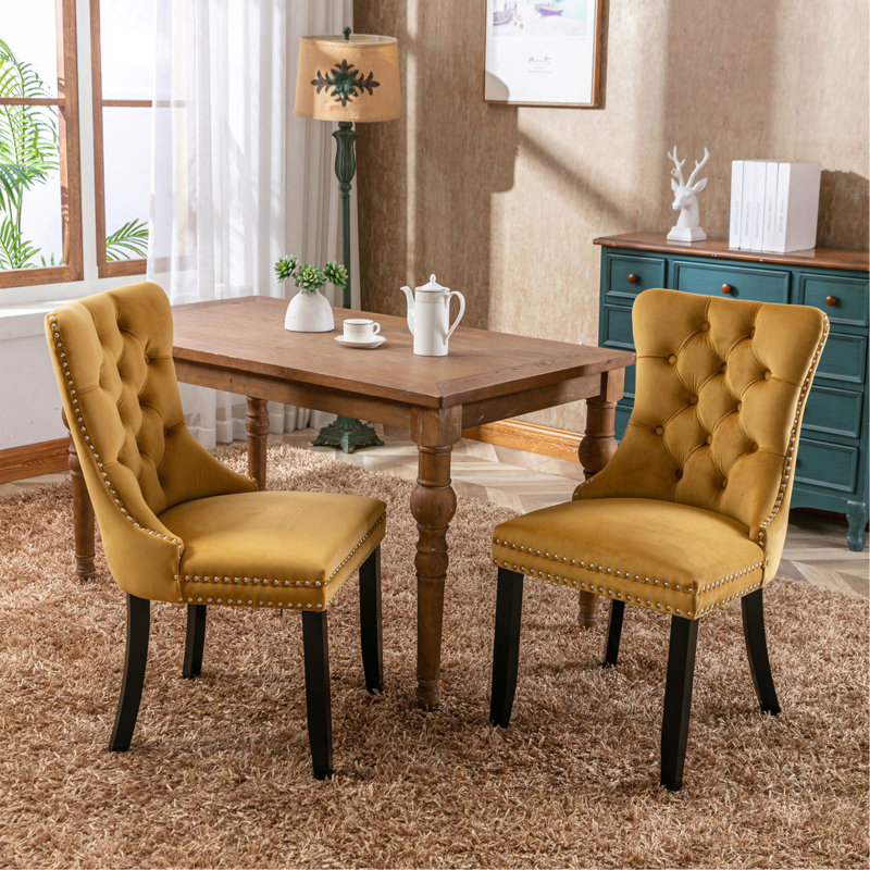 Velvet Upholstered Dining Chair with Wood Legs Nailhead Trim, Golden, Black
