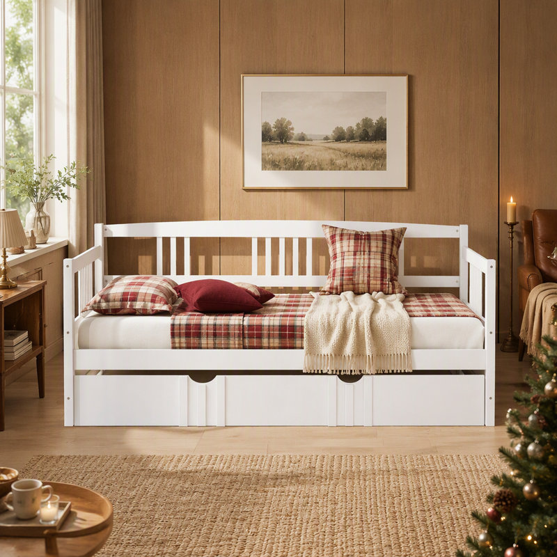 Lit de jour en bois avec lit gigogne simple, Twin, White
