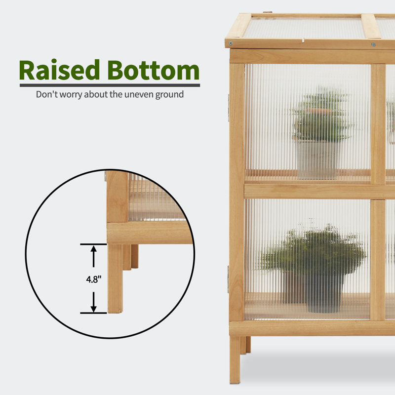 Natural Fir Wood 2-Tier Foldable Greenhouse with Polycarbonate Panels