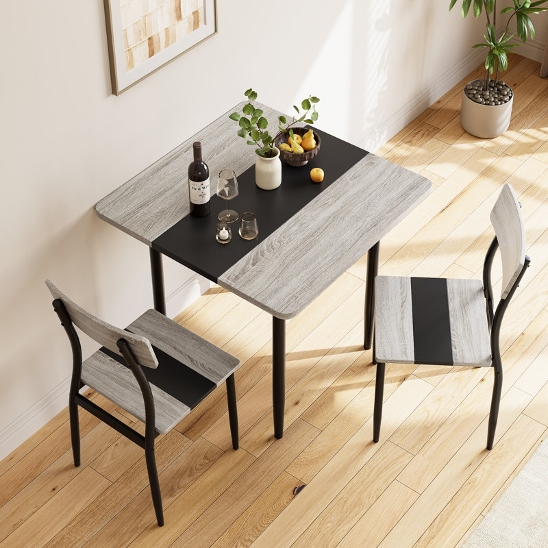 Ensemble de table de salle à manger 3 pièces pour 2 avec 2 chaises, ensemble de salle à manger et de cuisine peu encombrant, structure en métal, plateau de table en bois aggloméré à deux tons, convenant aux appartements