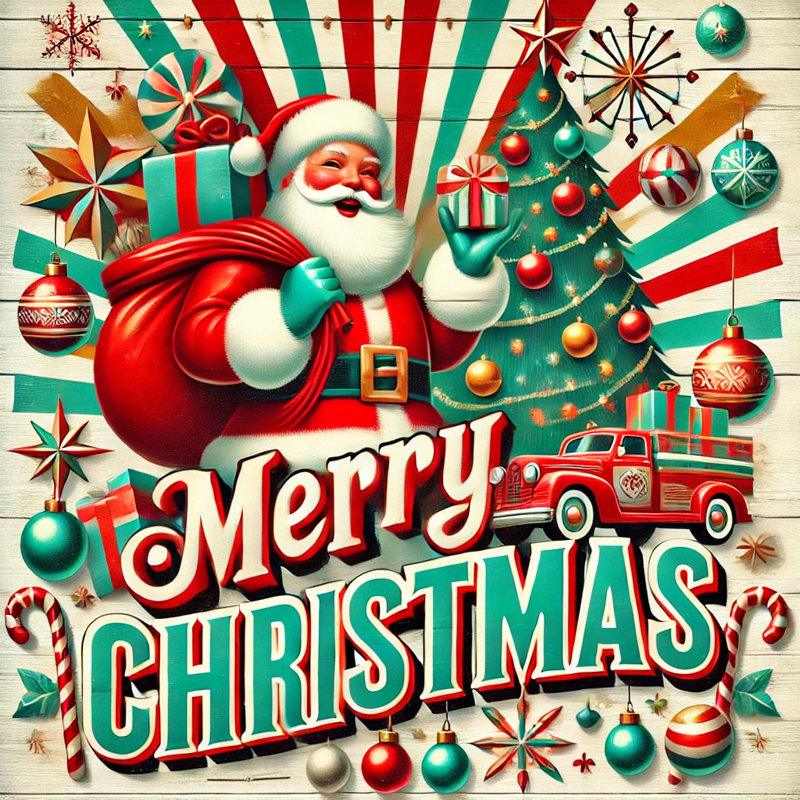 Art mural rétro sur toile Père Noël avec des cadeaux et un joyeux arbre de Noël, H 20 po x l 20 po x P 1,5 po