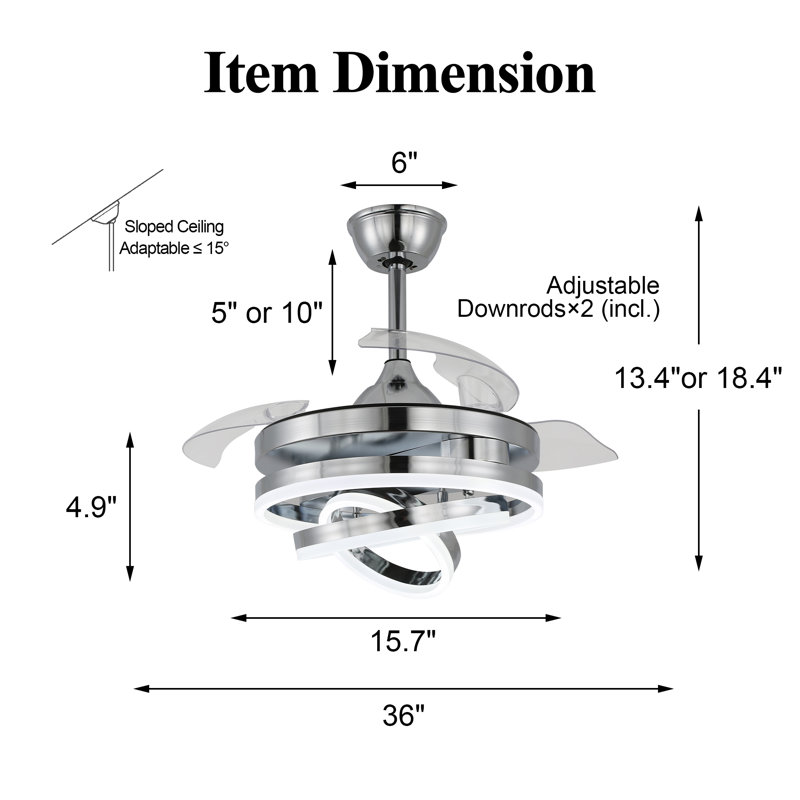 Heighton 36'' Retractable LED Ceiling Fan with Remote and Light Kit DC Motor 6 Speeds, Chrome