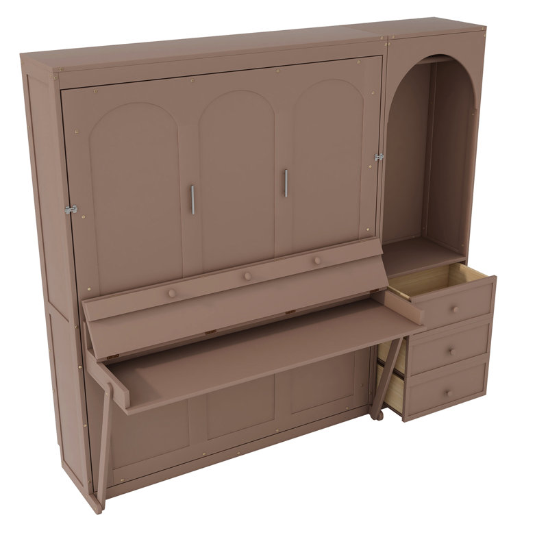 Grand lit escamotable avec tablette Stoarge, tringle à lumière DEL et 3 tiroirs, Brun