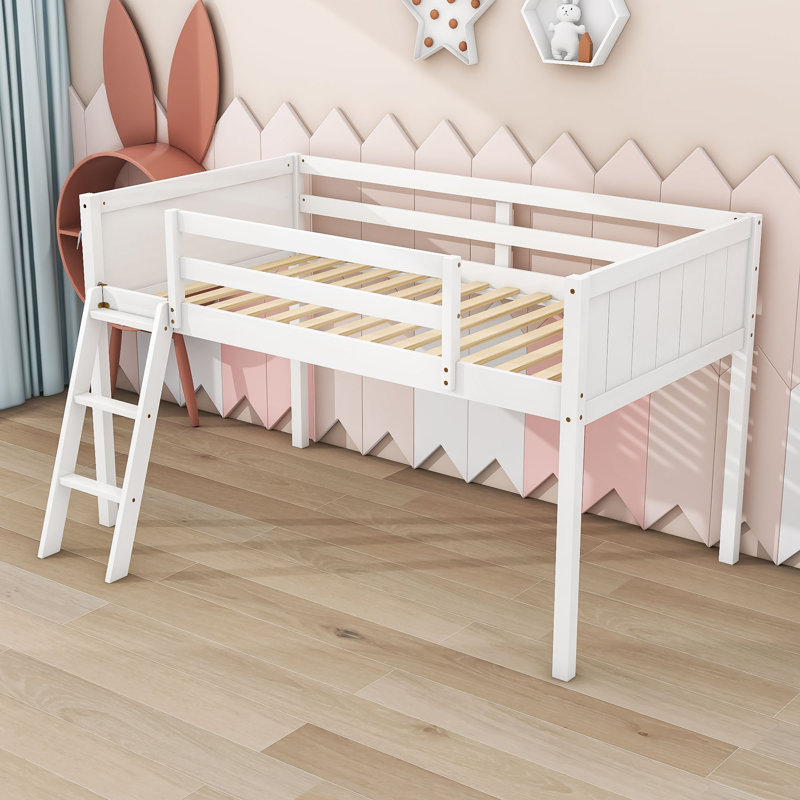 Lit mezzanine simple en bois avec échelle, lattes et garde-corps Jeanny, Blanc