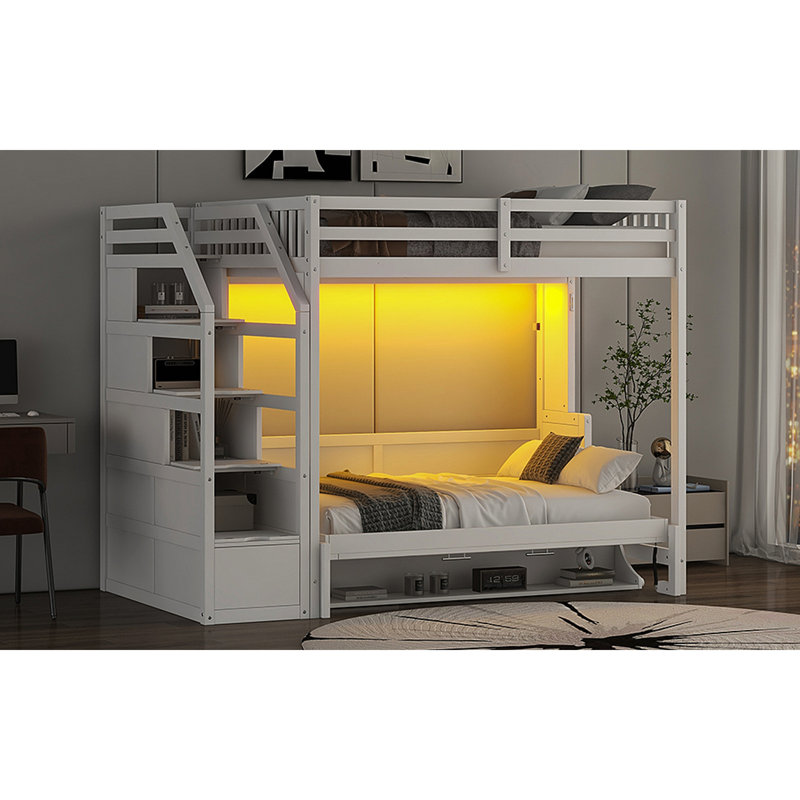 Lit mezzanine avec escalier de rangement et lit escamotable avec lumière DEL