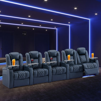 Gray Leather Home Theater Seating with Cup Holder