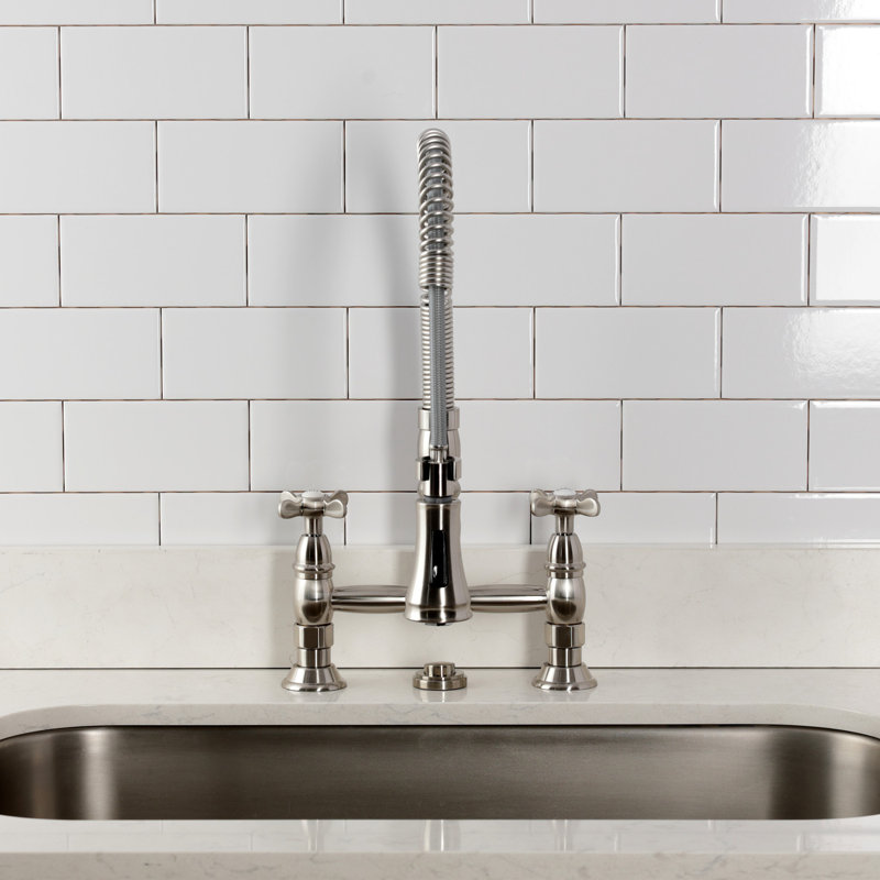 Kingston Brass Essex Double-Handle 2-Hole Deck-Mount Pre-Rinse Bridge Kitchen Faucet, Brushed Nickel