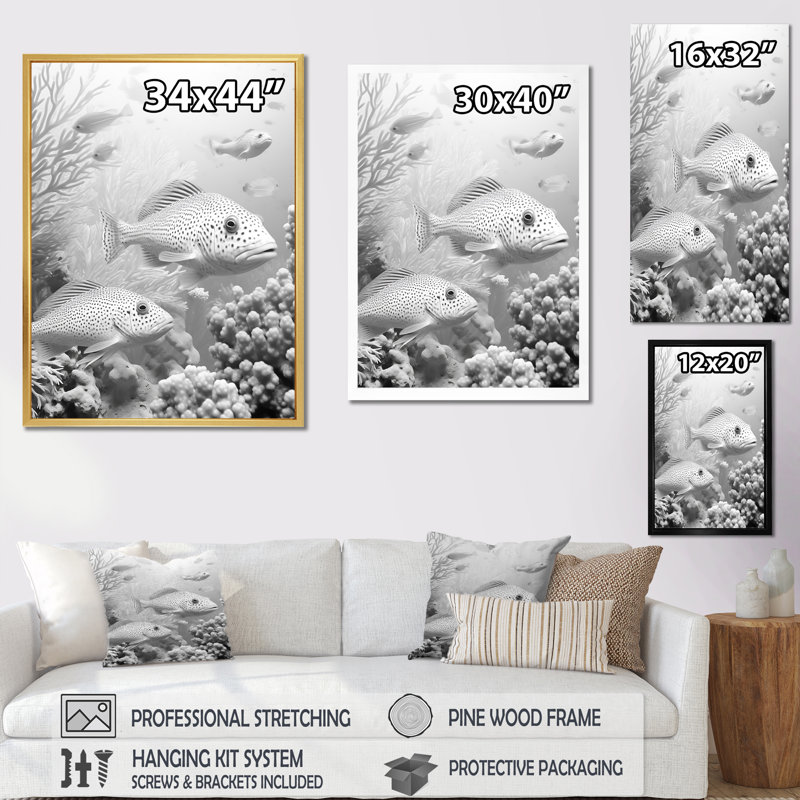 Monde de poissons monochrome gris et blanc I, H 20 po x l 12 po x P 1 po, Cadre flottant noir