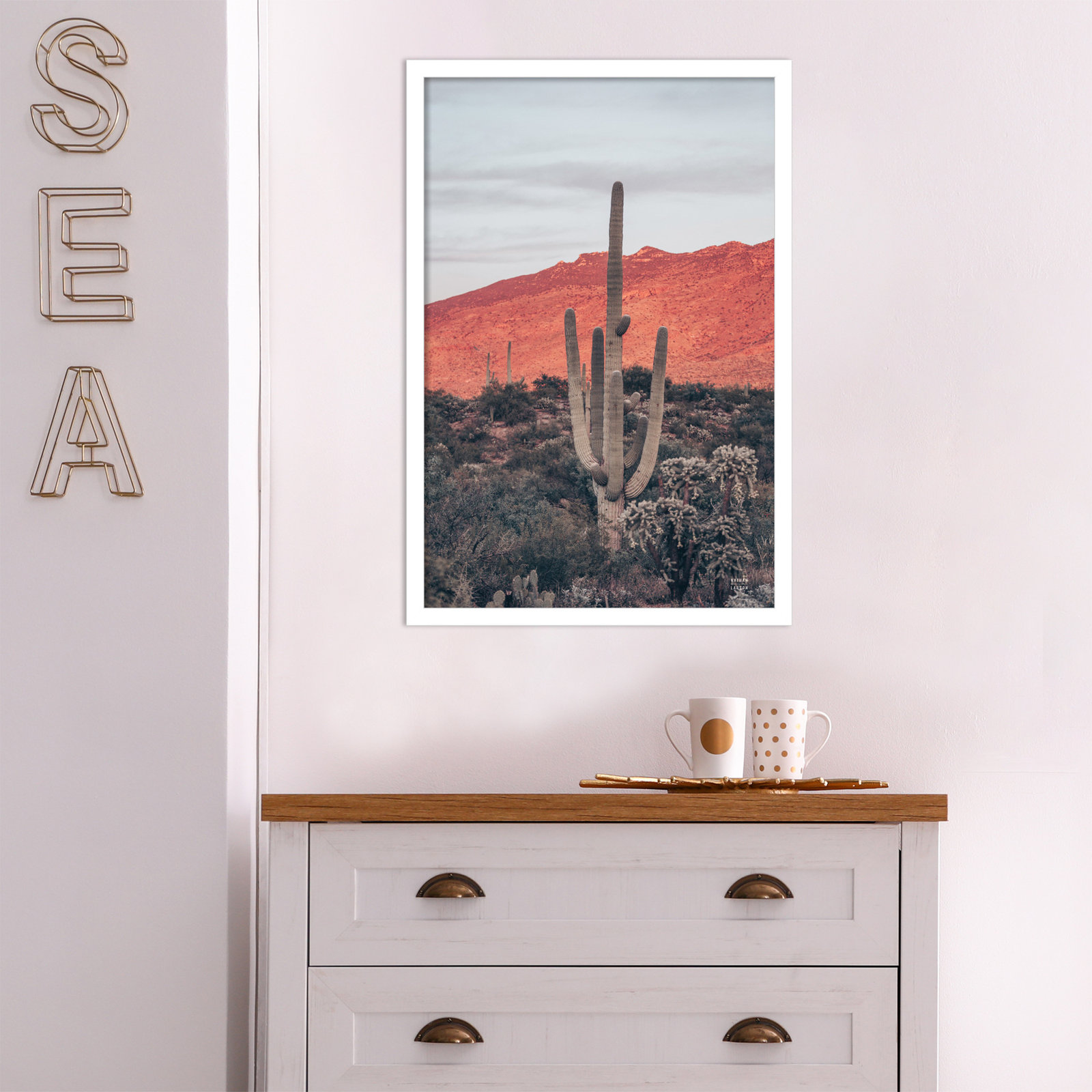 Sunsets and Saguaros Desert Photo Print, White, 25" H x 17" W x 1" D